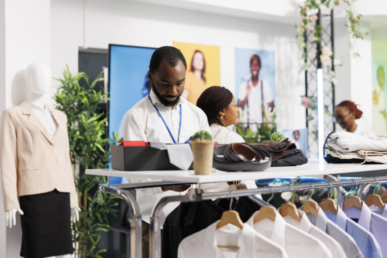 Clothes mall african american worker laying out male shirts and accessories on shelf. Shopping center department man seller working, hanging garment while standing near rack